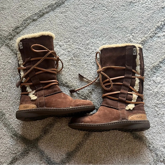 UGG Shoes - UGG Catalina Brown tall suede Leather Sheepskin Boots Shoes lace up 5